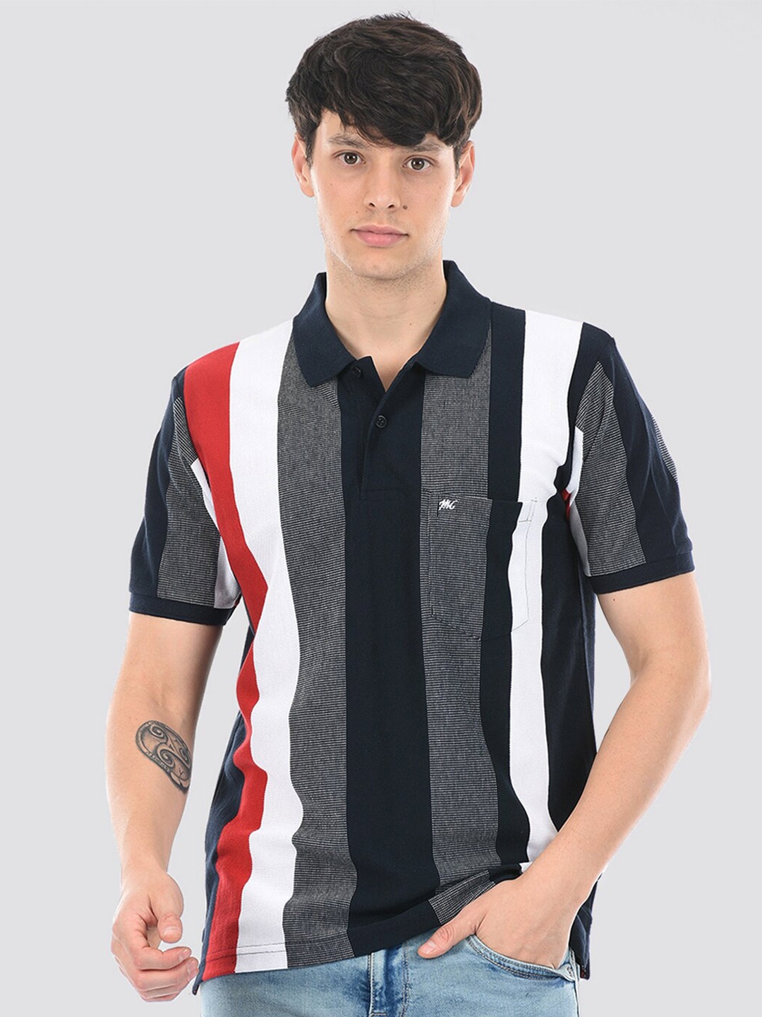 

Monte Carlo Striped Polo Collar Cotton T-shirt, Navy blue
