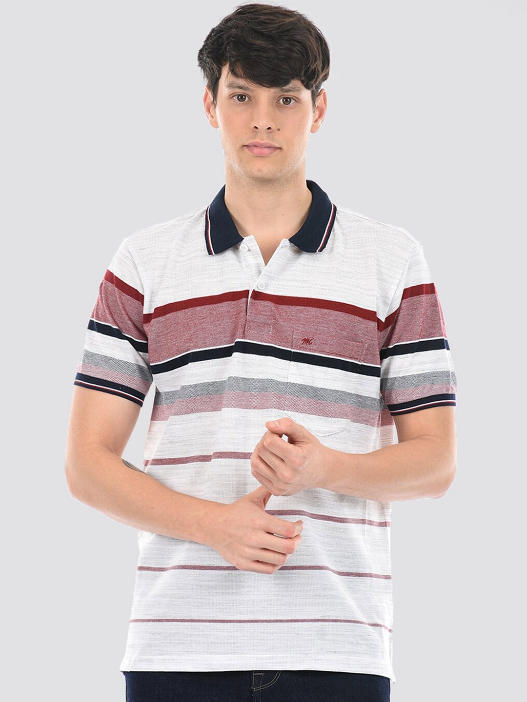 

Monte Carlo Striped Polo Collar Cotton T-shirt, Maroon