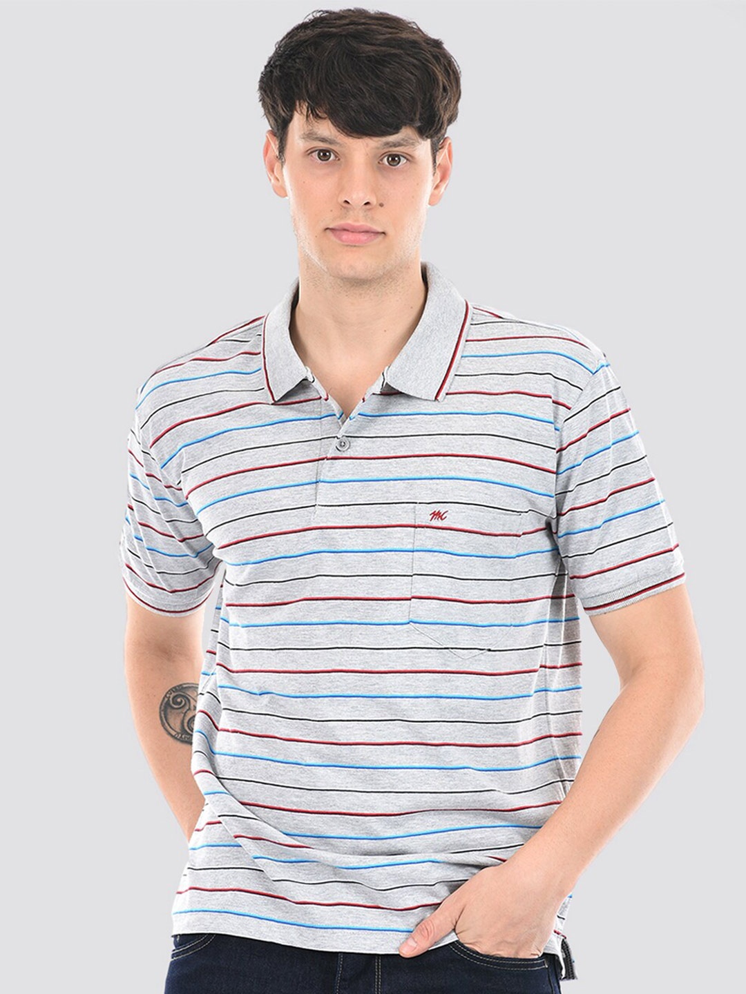 

Monte Carlo Striped Polo Collar Cotton T-shirt, Grey