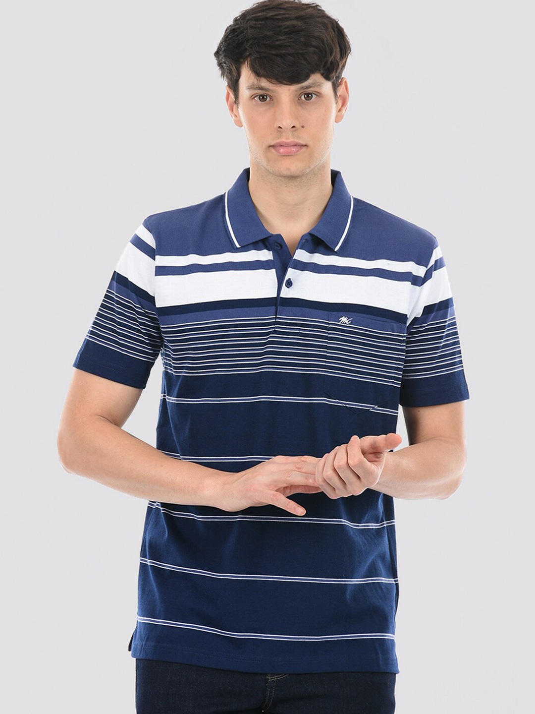 

Monte Carlo Striped Polo Collar Cotton T-shirt, Navy blue