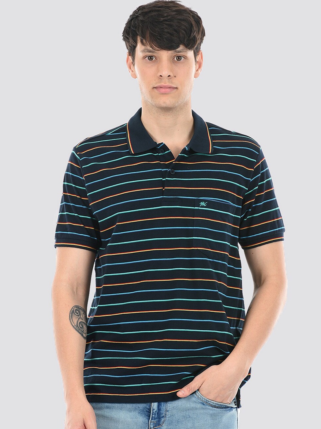 

Monte Carlo Striped Polo Collar Cotton T-shirt, Navy blue