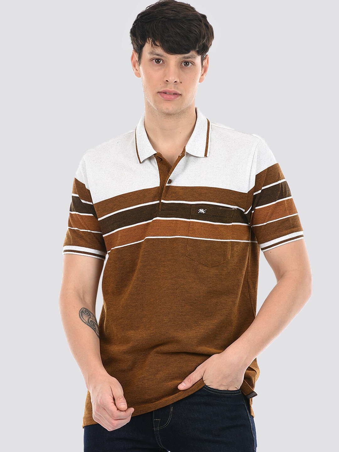 

Monte Carlo Striped Polo Collar Cotton T-shirt, Brown