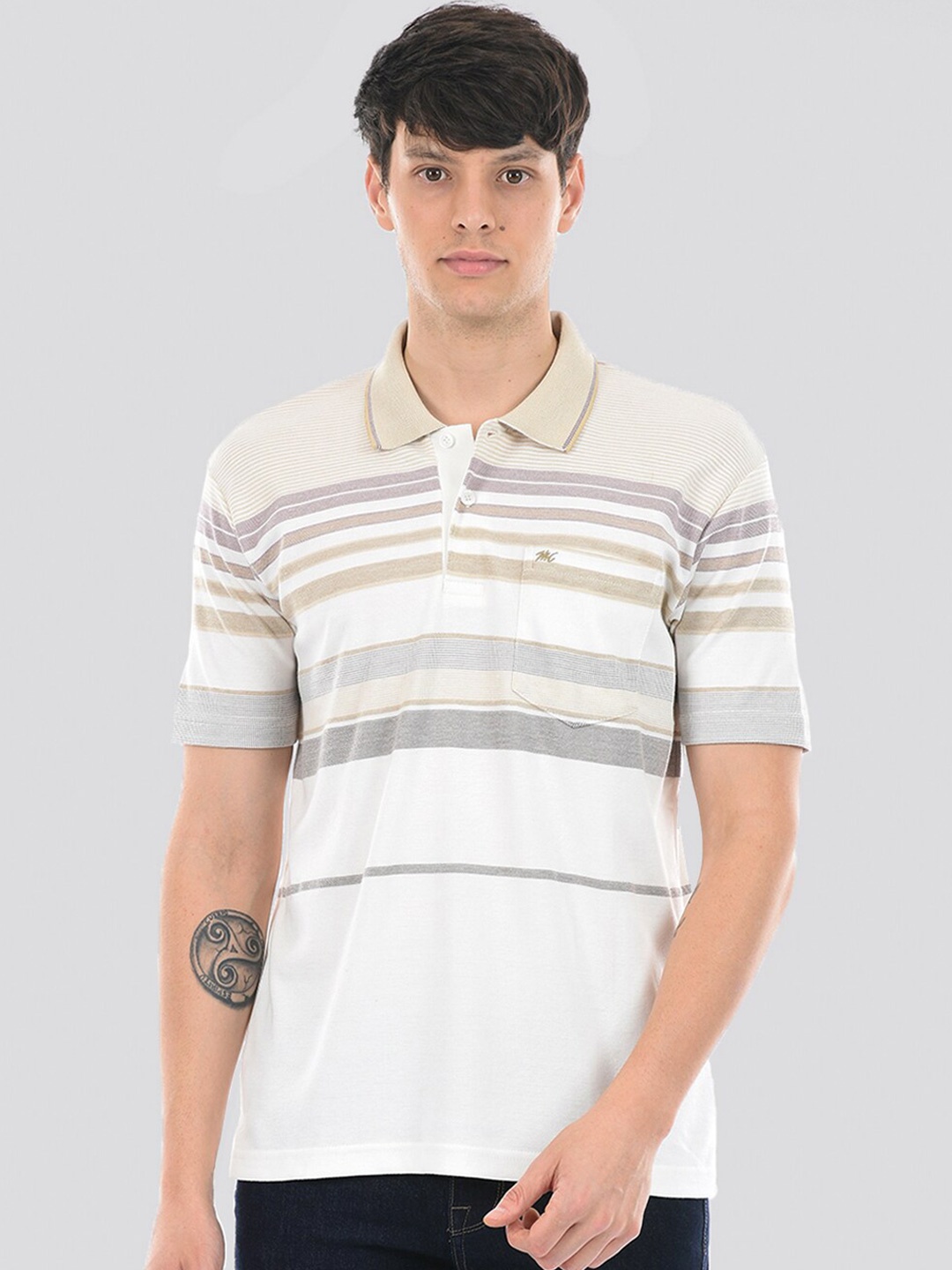 

Monte Carlo Striped Polo Collar Cotton T-shirt, Beige