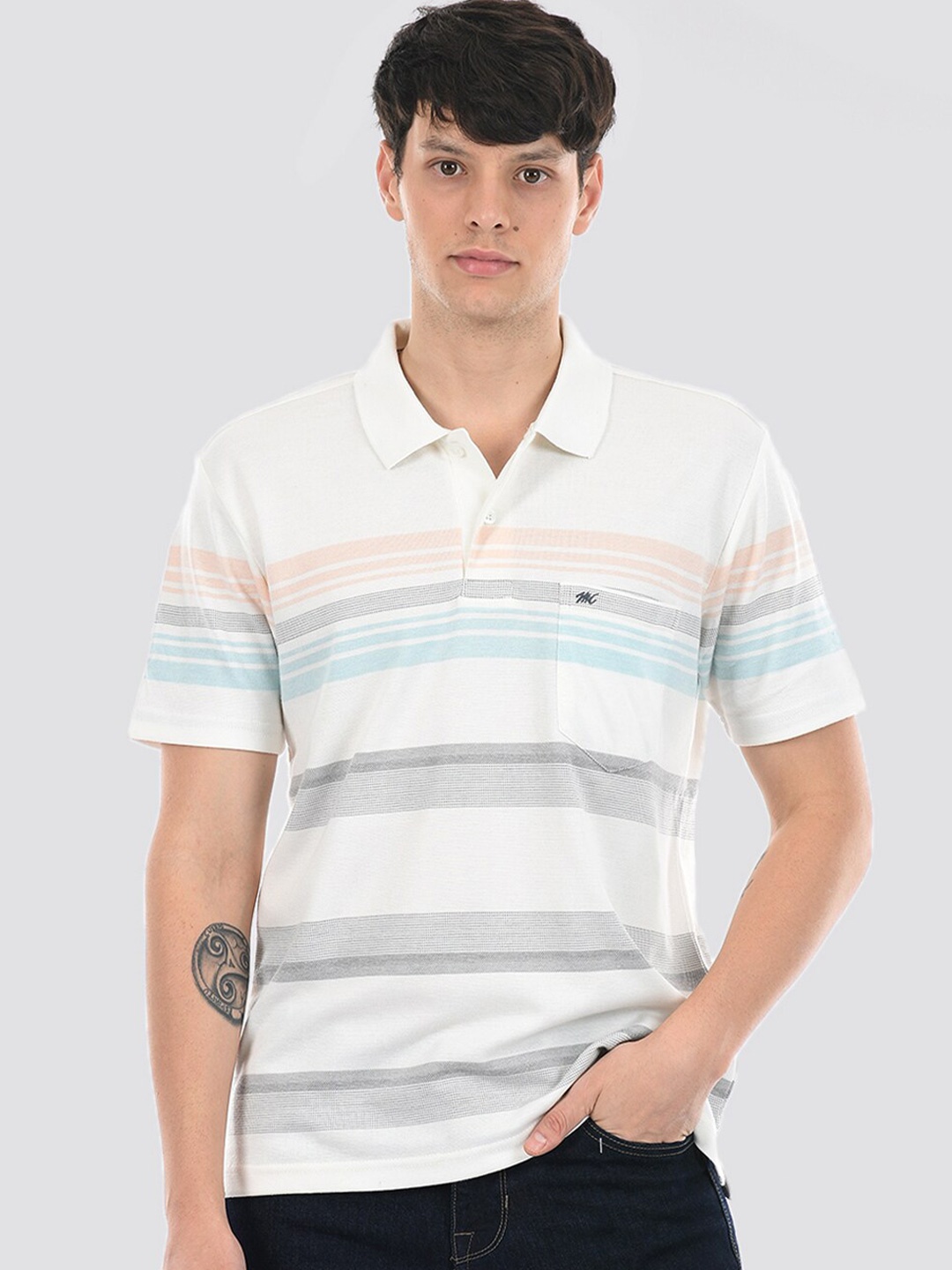 

Monte Carlo Striped Polo Collar Cotton T-shirt, Grey