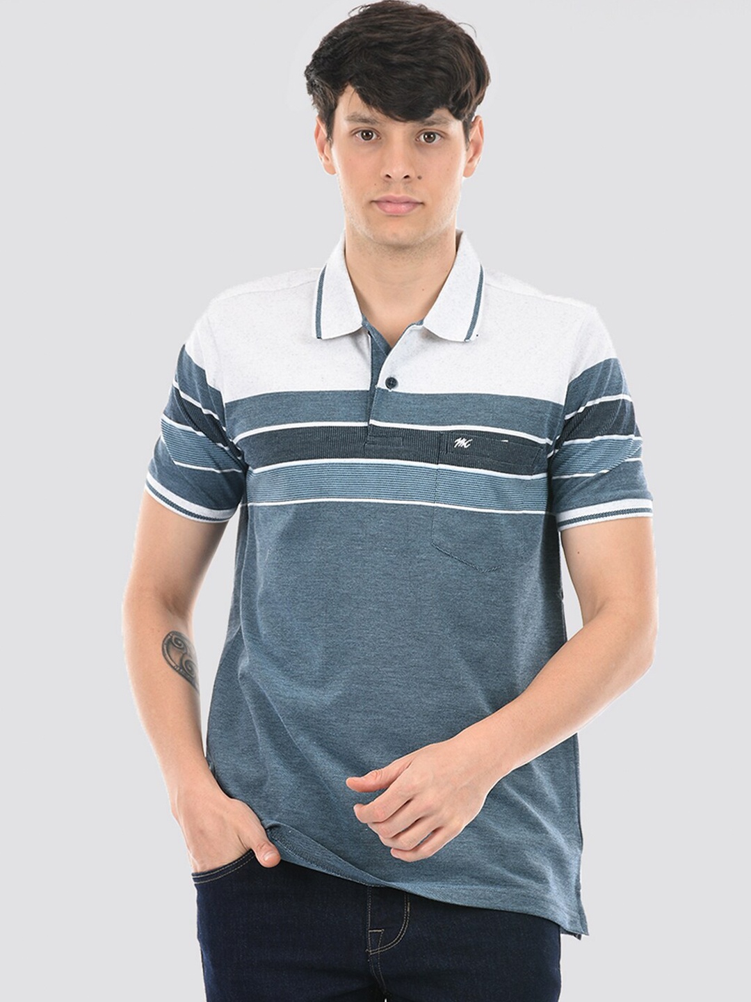 

Monte Carlo Striped Polo Collar Cotton T-shirt, Blue