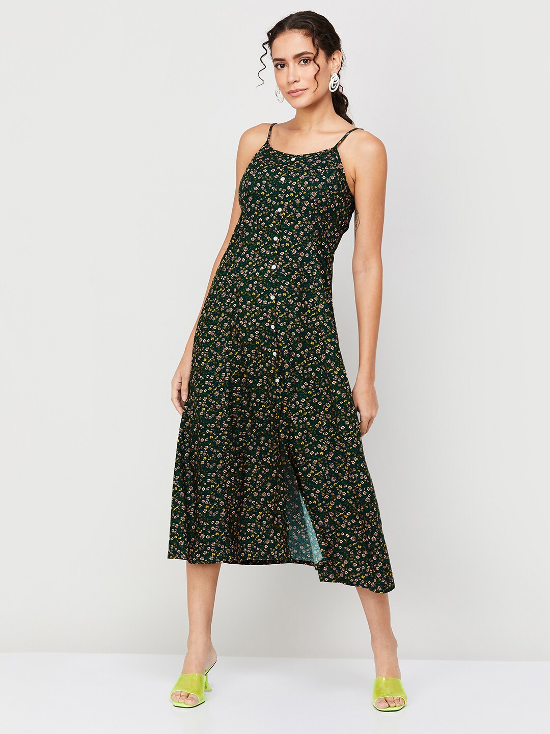 

Ginger by Lifestyle Floral Printed Shoulder Strap A-Line Midi Dress, Green