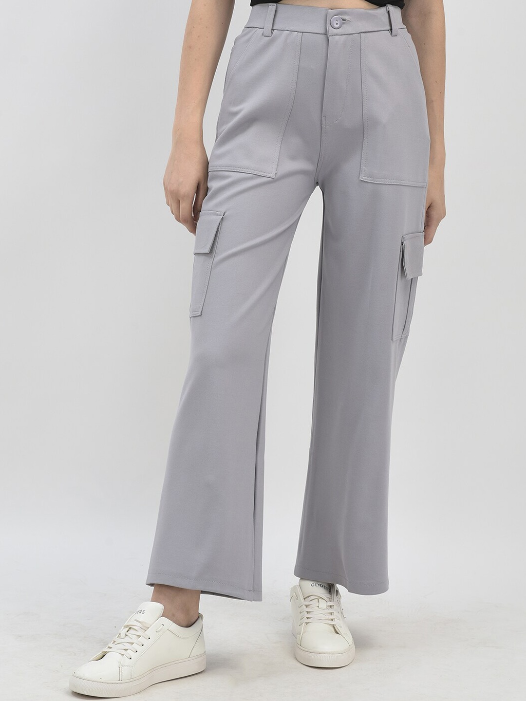 

FNOCKS Women Relaxed Wide Leg Loose Fit Cotton Cargos Trousers, Grey