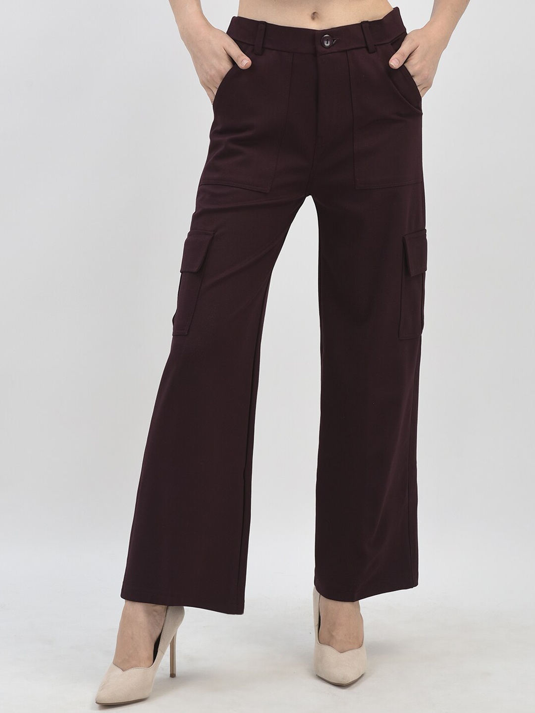 

FNOCKS Women Relaxed Wide Leg Loose Fit Cotton Cargos Trousers, Burgundy