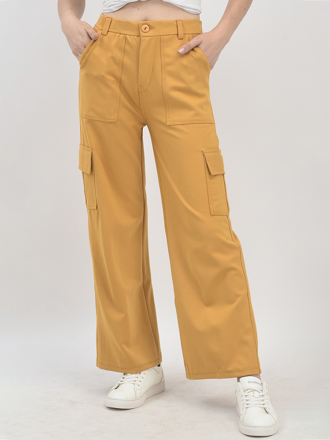 

FNOCKS Women Relaxed Wide Leg Loose Fit Cotton Cargos, Yellow