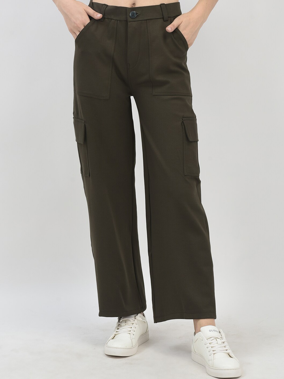 

FNOCKS Women Relaxed Wide Leg Loose Fit Cotton Cargos Trousers, Green