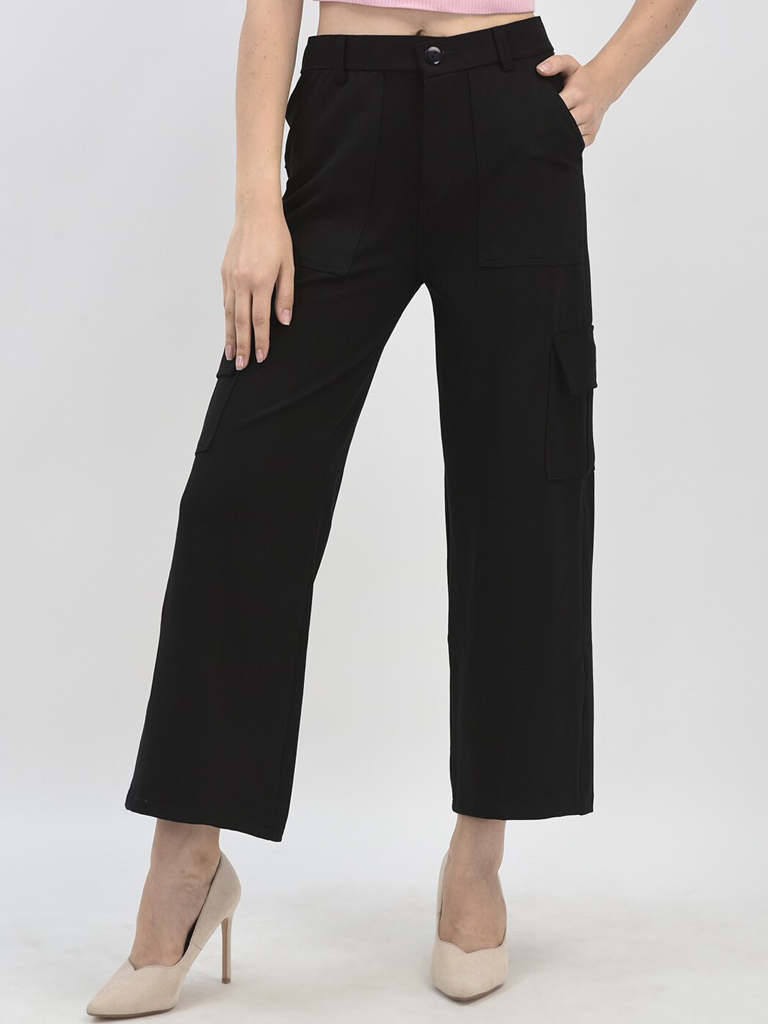 

Women Relaxed Wide Leg Loose Fit Cotton Black Cargos Trousers