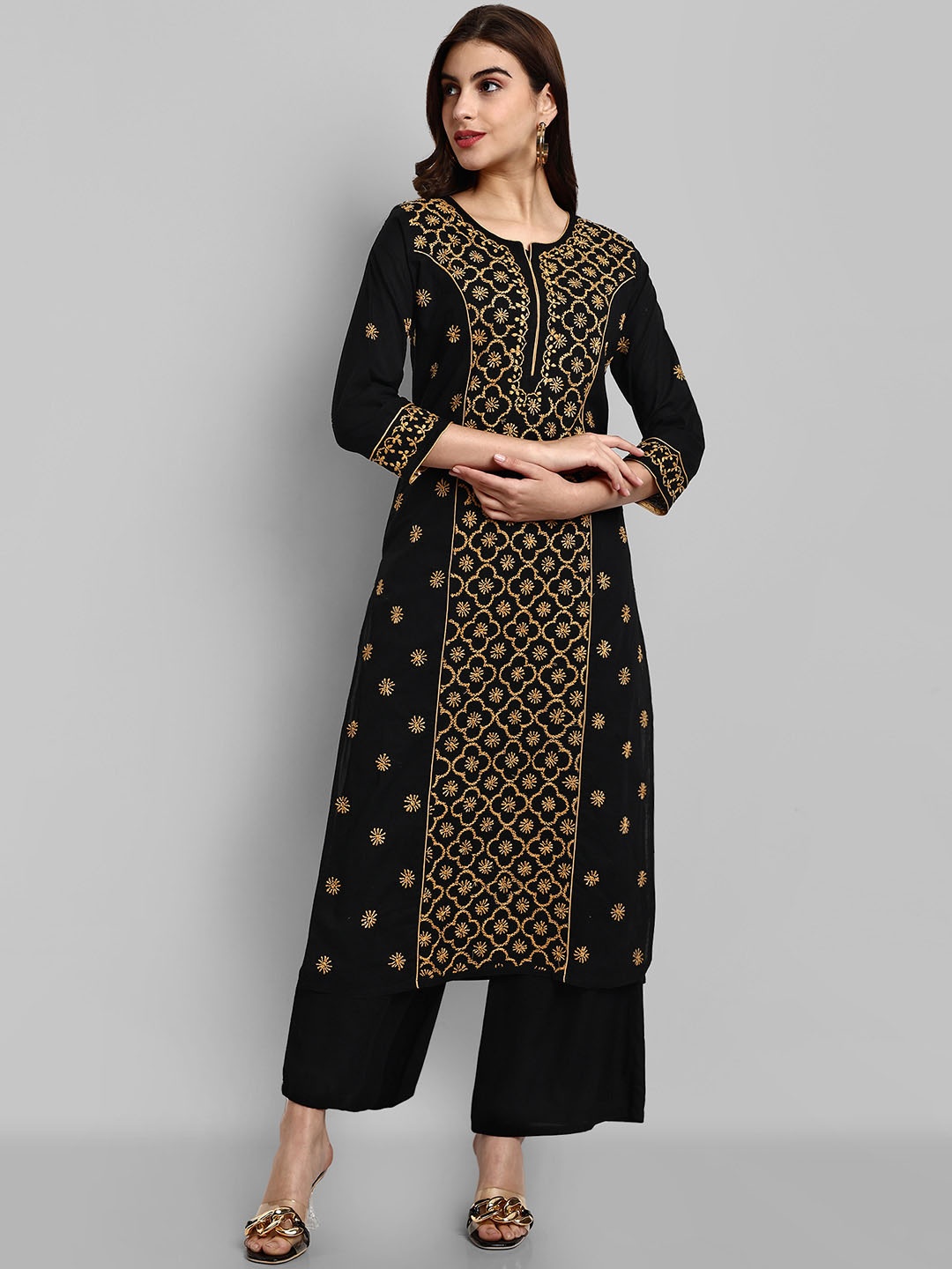 ADA Floral Embroidered Thread Work Cotton Kurta, Black
