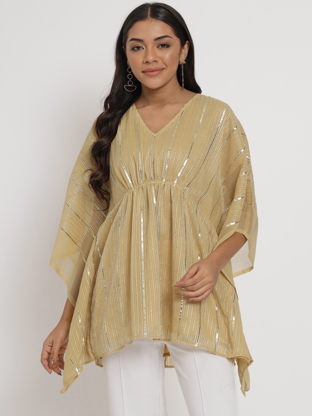 

studio rasa Striped Gotta Patti Kaftan Kurti, Beige