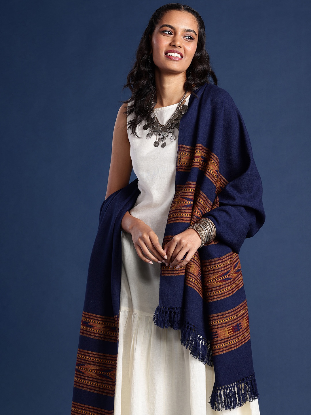 

Taavi Women Woven Design Shawl, Navy blue