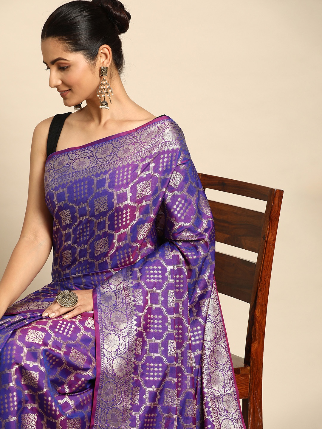 

Taavi Woven Design Ethnic Motifs Zari Pure Cotton Saree, Purple