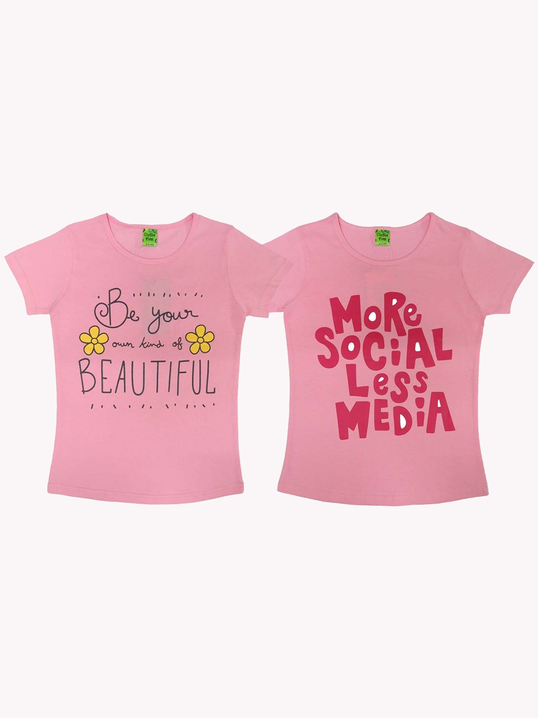 

Clothe Funn Girls Pack Of 2 Typography Printed Cotton T-shirt, Pink