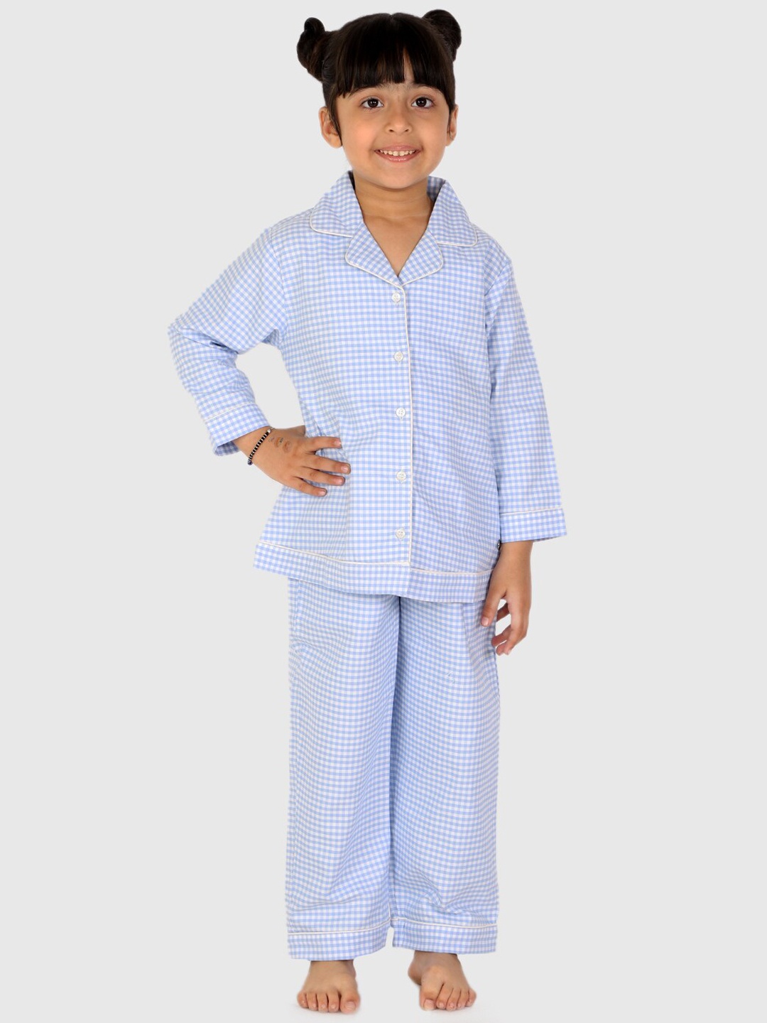 

White Dahlia Girls Checked Pure Cotton Night suit, Blue