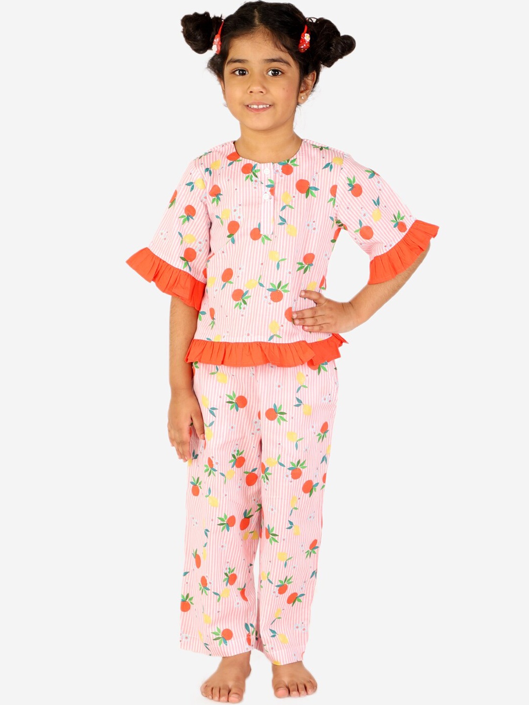 

White Dahlia Girls Printed Pure Cotton Top With Lounge Pants, Peach