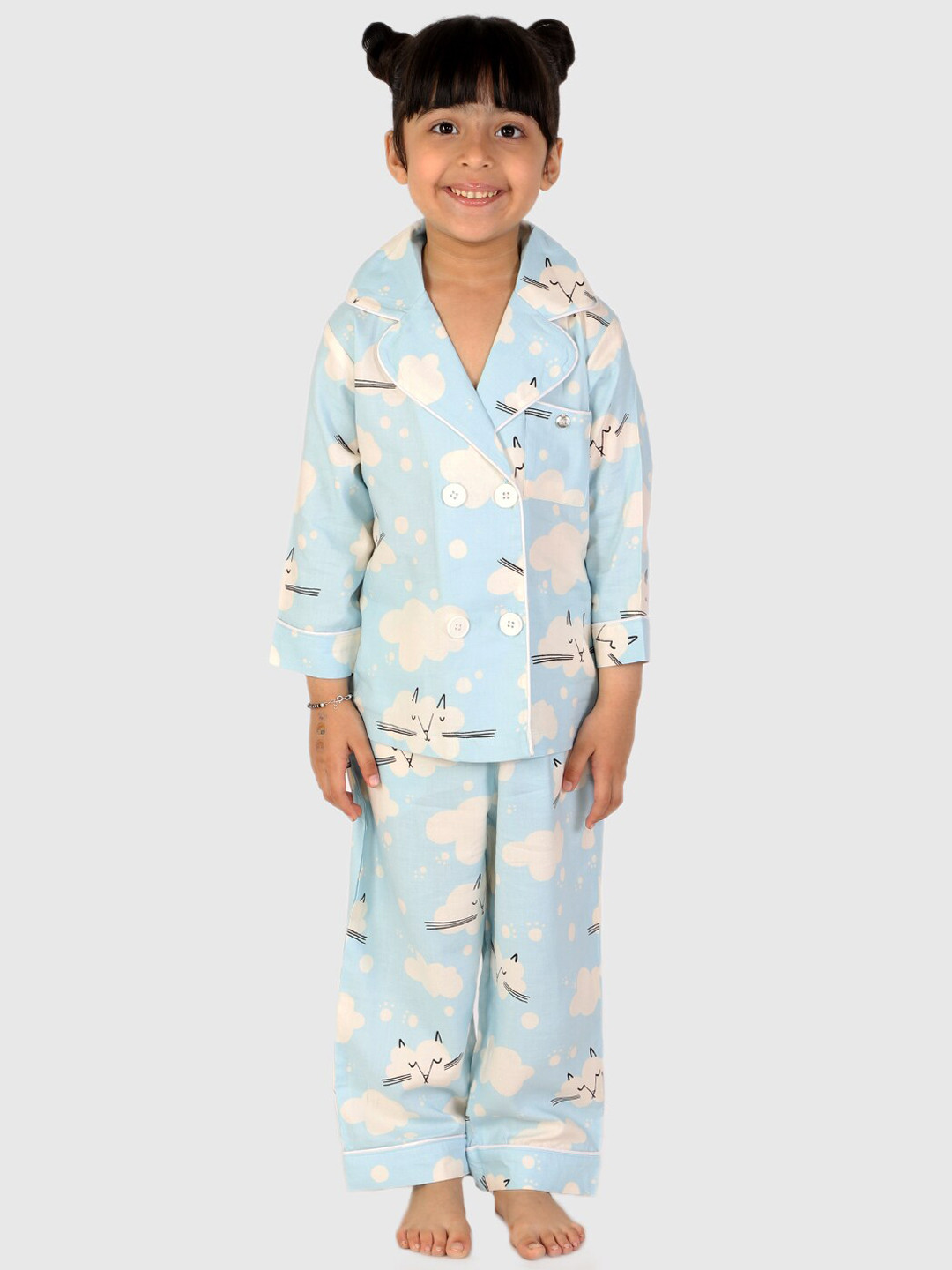 

White Dahlia Girls Blue & White Printed Pure Cotton Night suit