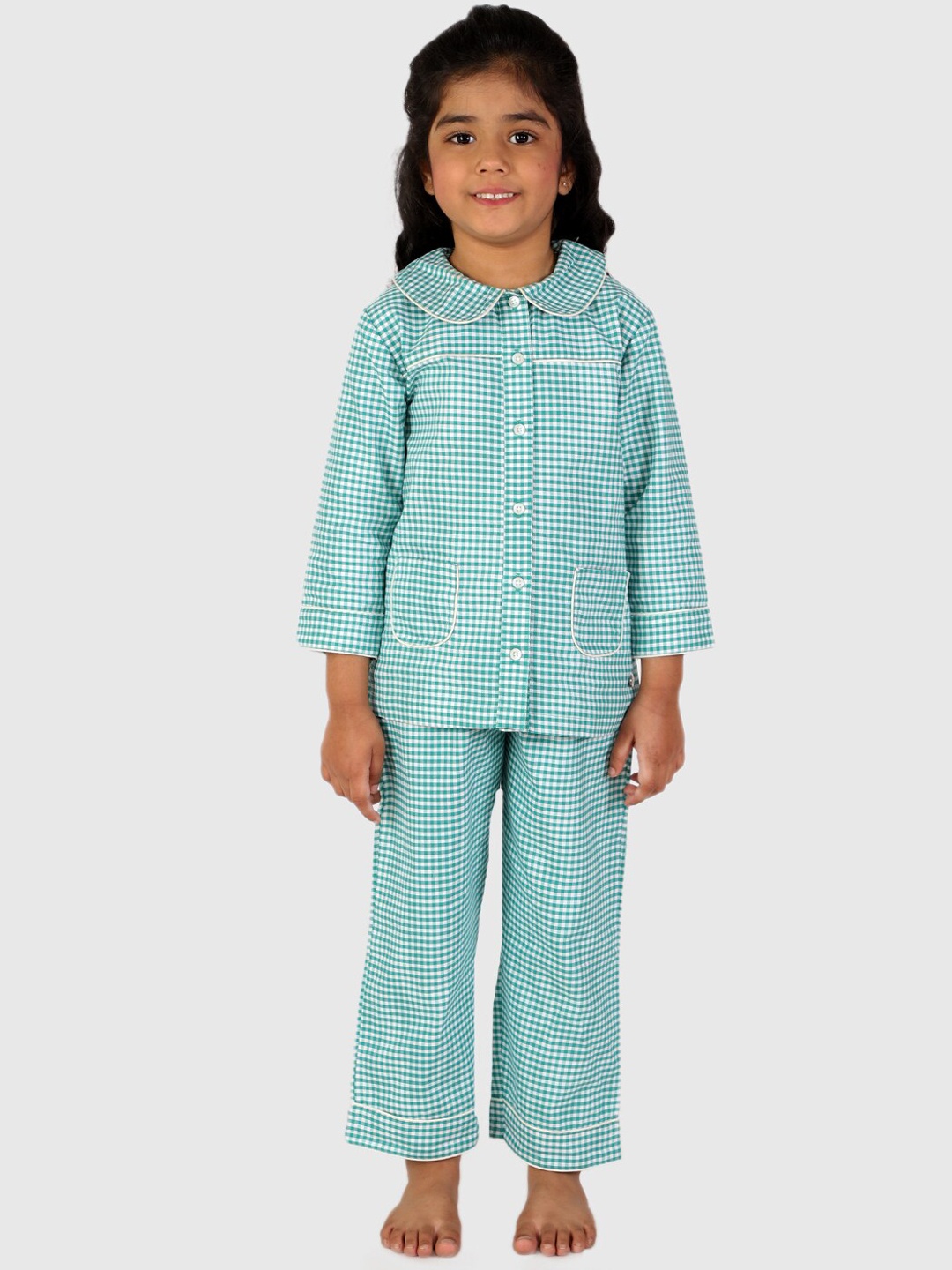 

White Dahlia Girls Checked Pure Cotton Night suit, Green