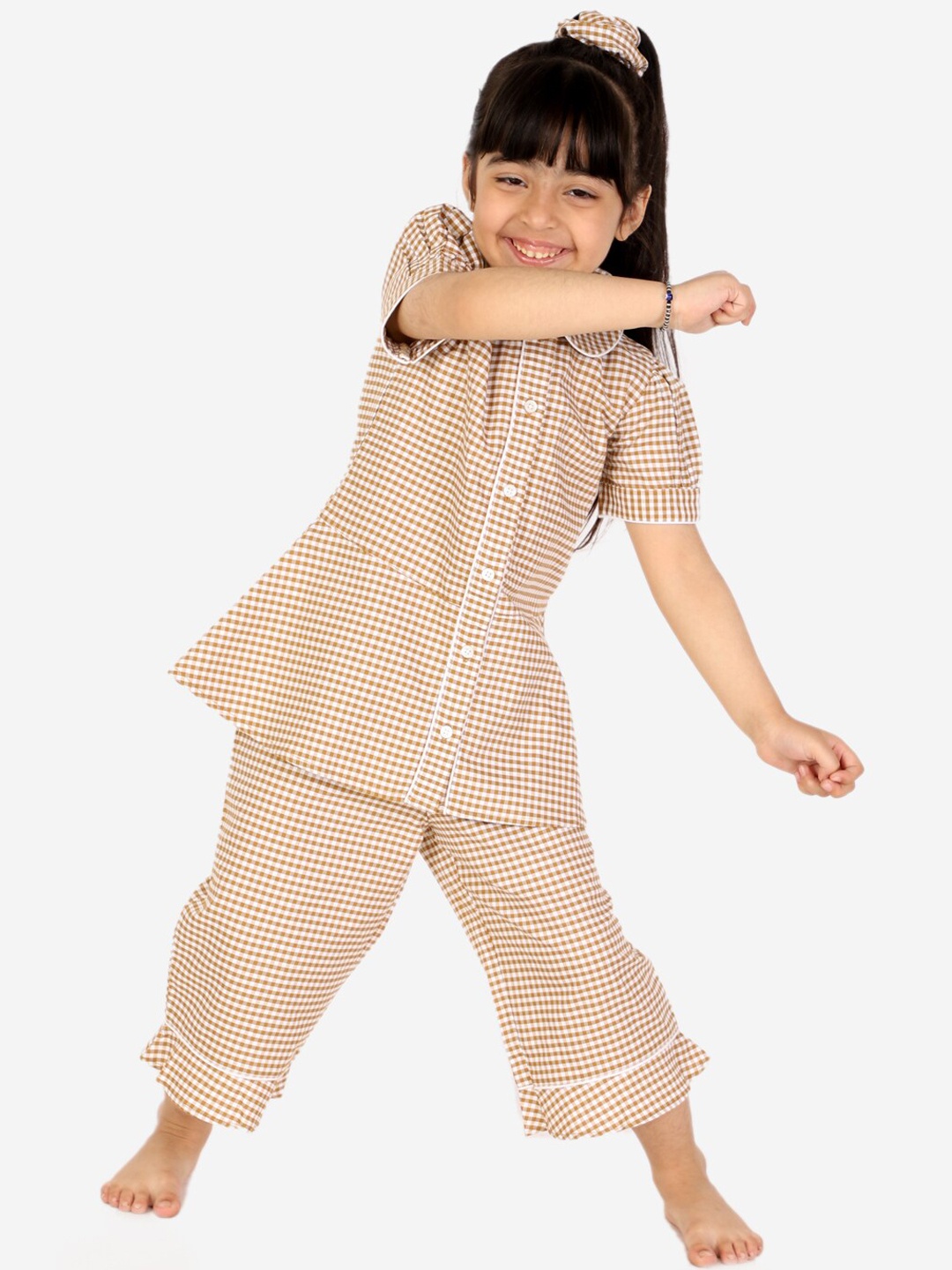 

White Dahlia Girls Checked Pure Cotton Night suit, Brown