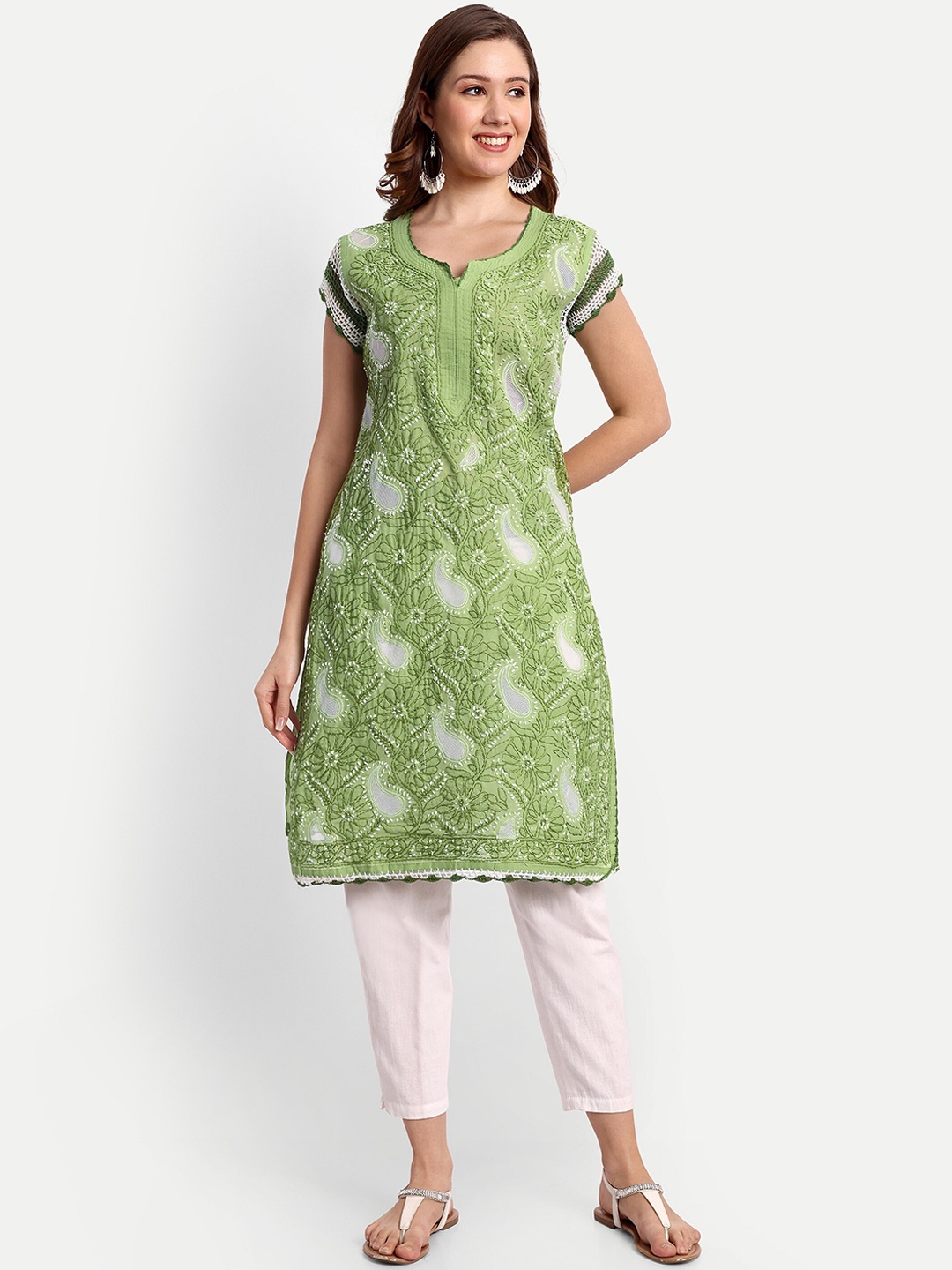 

Indiankala4u Ethnic Motifs Embroidered Thread Work A-Line Kurta, Green