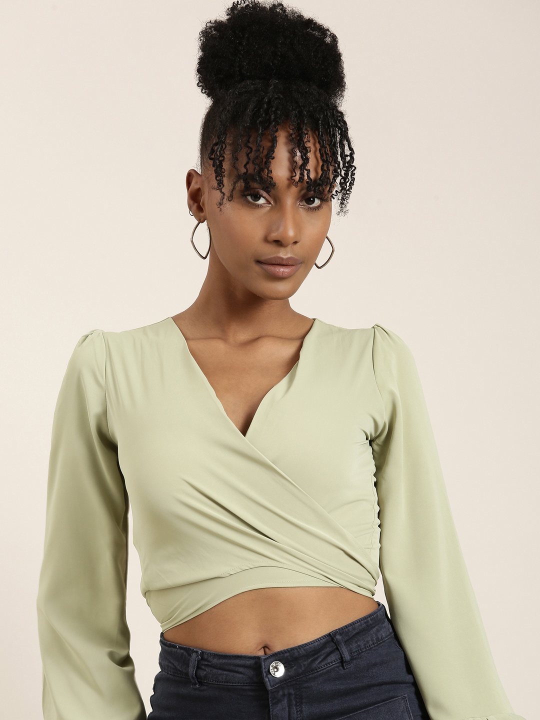 

SHOWOFF Flared Sleeve Wrap Crop Top, Sea green