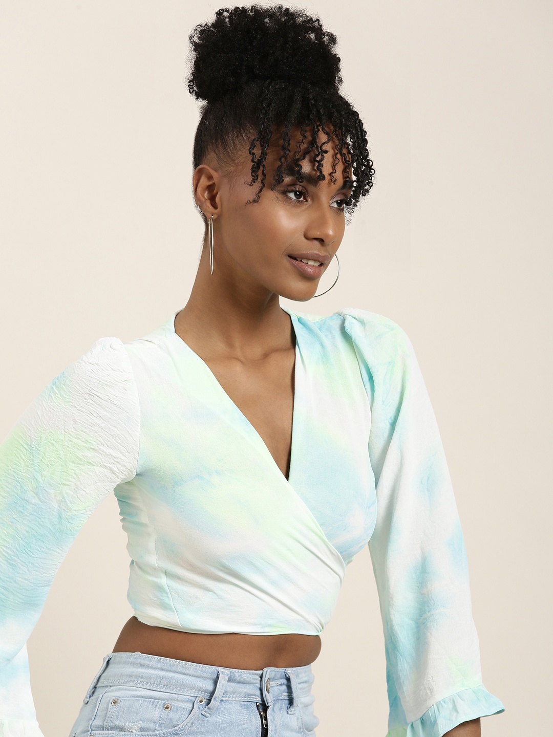 

SHOWOFF Tie & Dye Flared Sleeve Wrap Crop Top, White