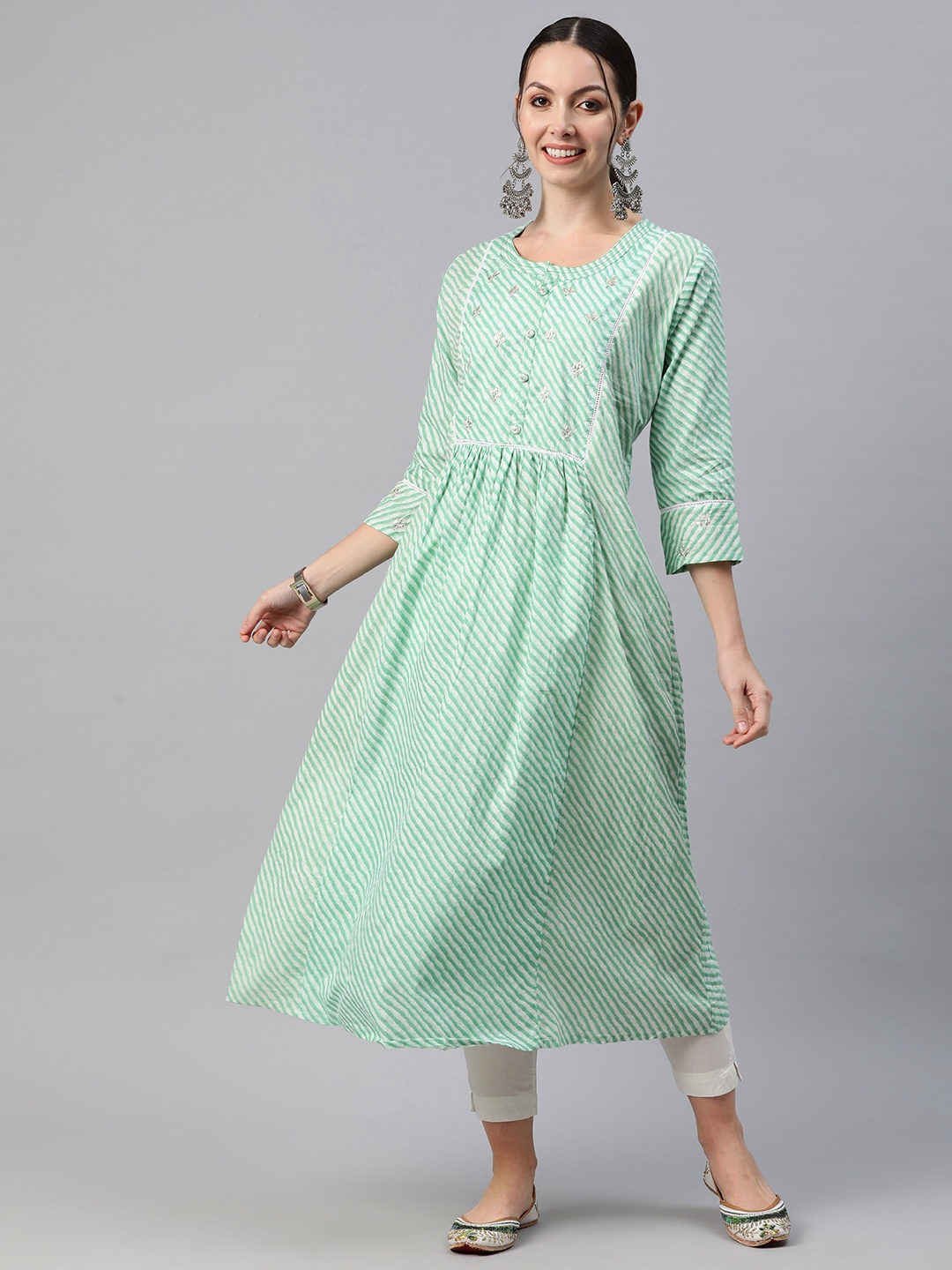 

Readiprint Women Leheriya Printed Thread Work Anarkali Kurta, Green