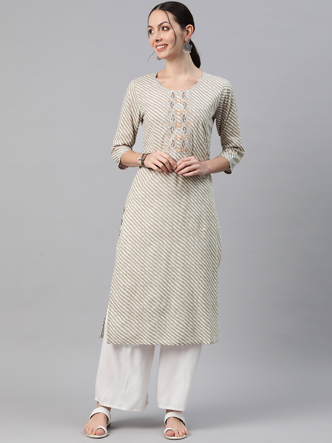 

Readiprint Fashions Women Leheriya Printed Thread Work Kurta, Beige