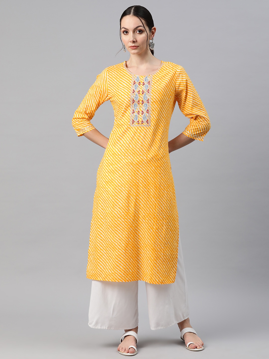 

Readiprint Women Leheriya Printed Thread Work Kurta, Yellow