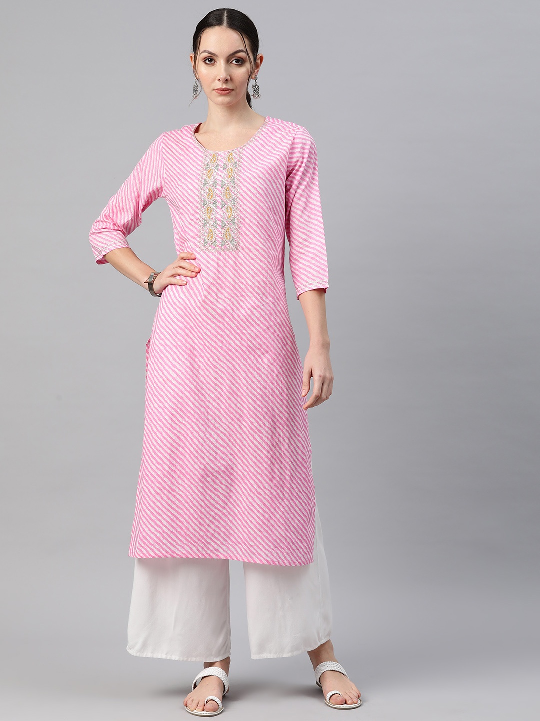 

Readiprint Fashions Women Leheriya Printed Thread Work Kurta, Pink