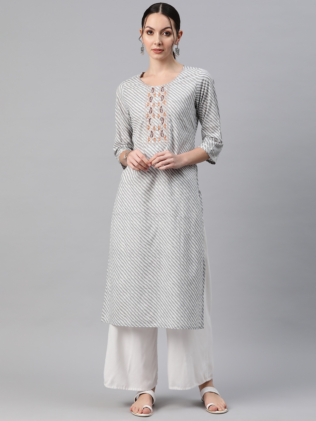 

Readiprint Women Leheriya Printed Thread Work Kurta, Grey