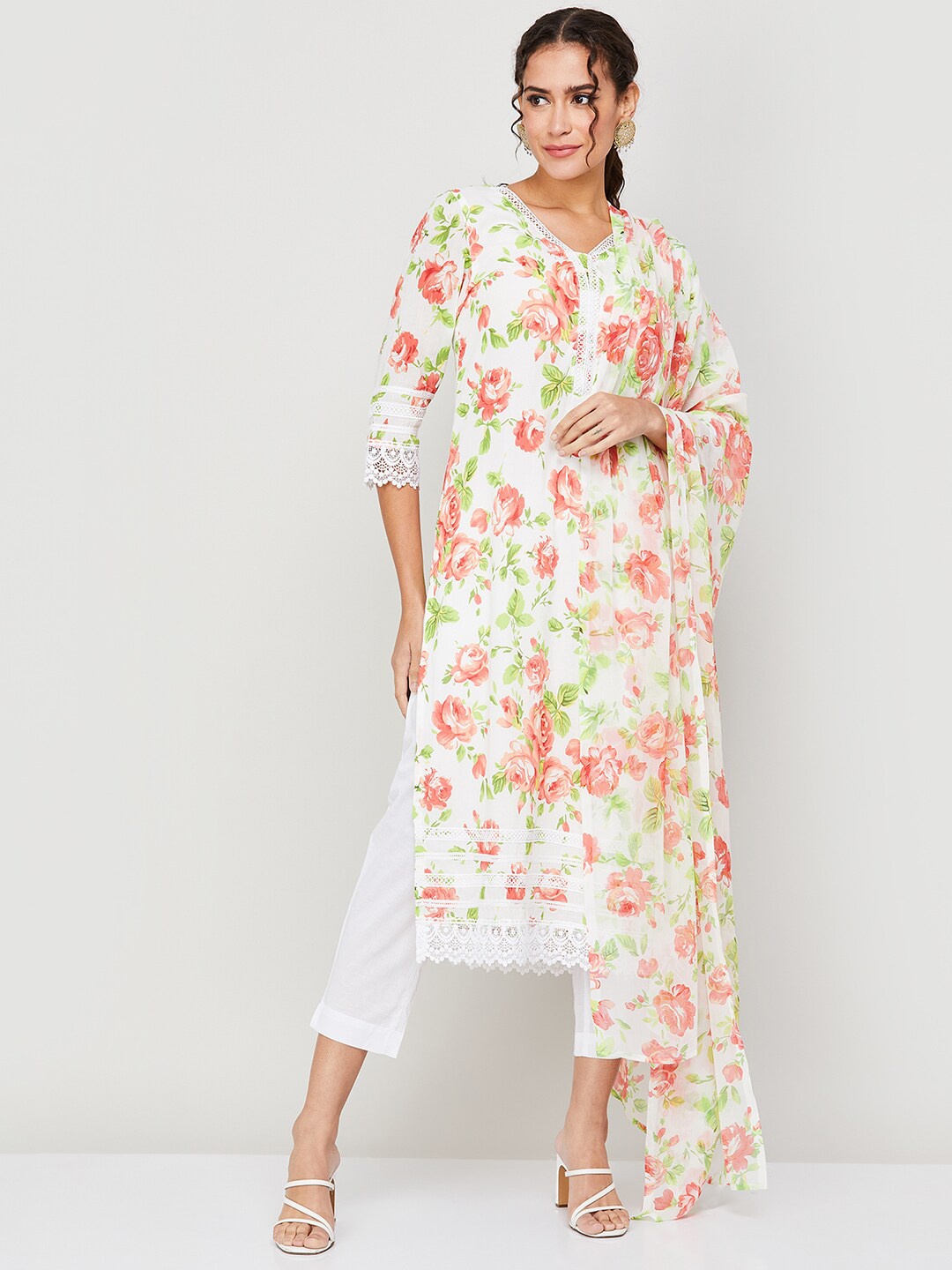 

Melange by Lifestyle Floral Printed Pure Cotton Kurta With Trousers, Off white