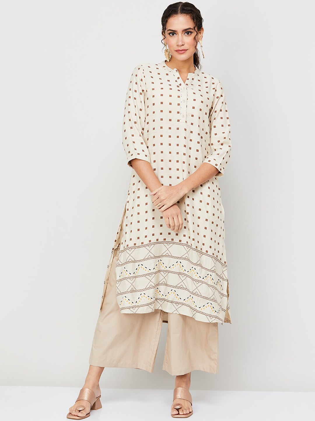 

Melange by Lifestyle Geometric Printed Linen Kurta, Beige
