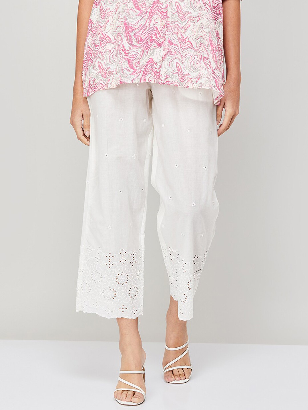 

Melange by Lifestyle Women Floral Embroidered Cotton Trousers, White