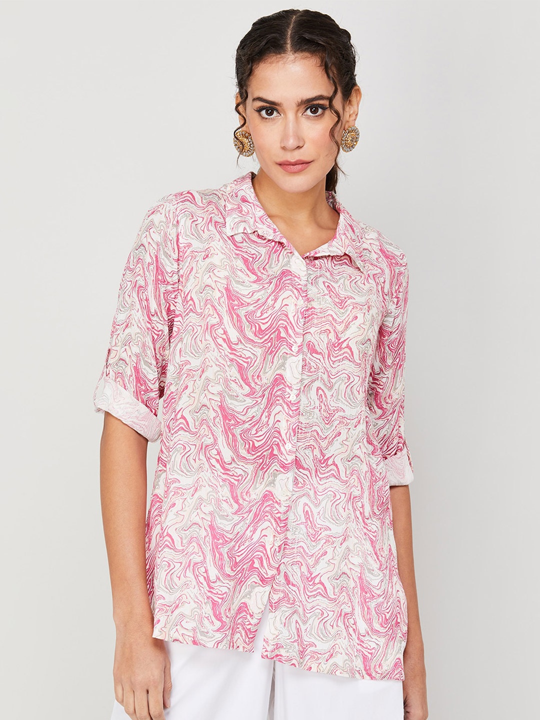 

Melange by Lifestyle Abstract Printed Shirt Collar Roll-Up Sleeves Kurti, Pink