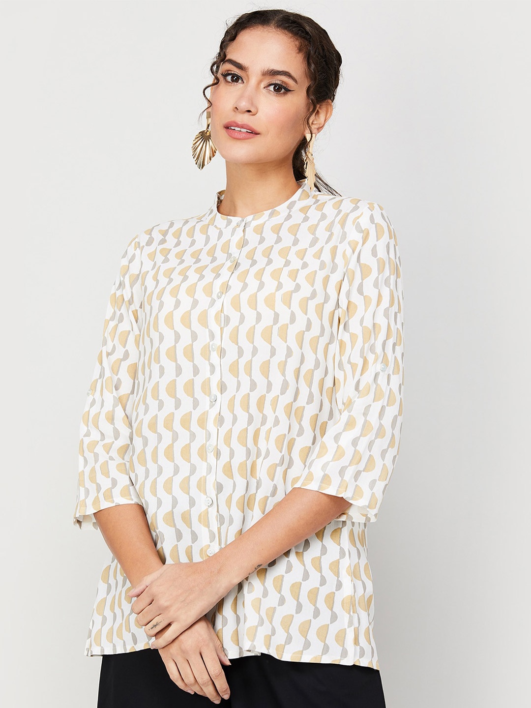 

Melange by Lifestyle Geometric Printed Mandarin Collar Kurti, Off white