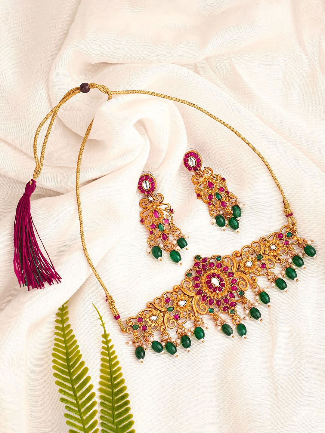 

ATIBELLE Gold-Plated Stone-Studded & Beaded Necklace & Earrings