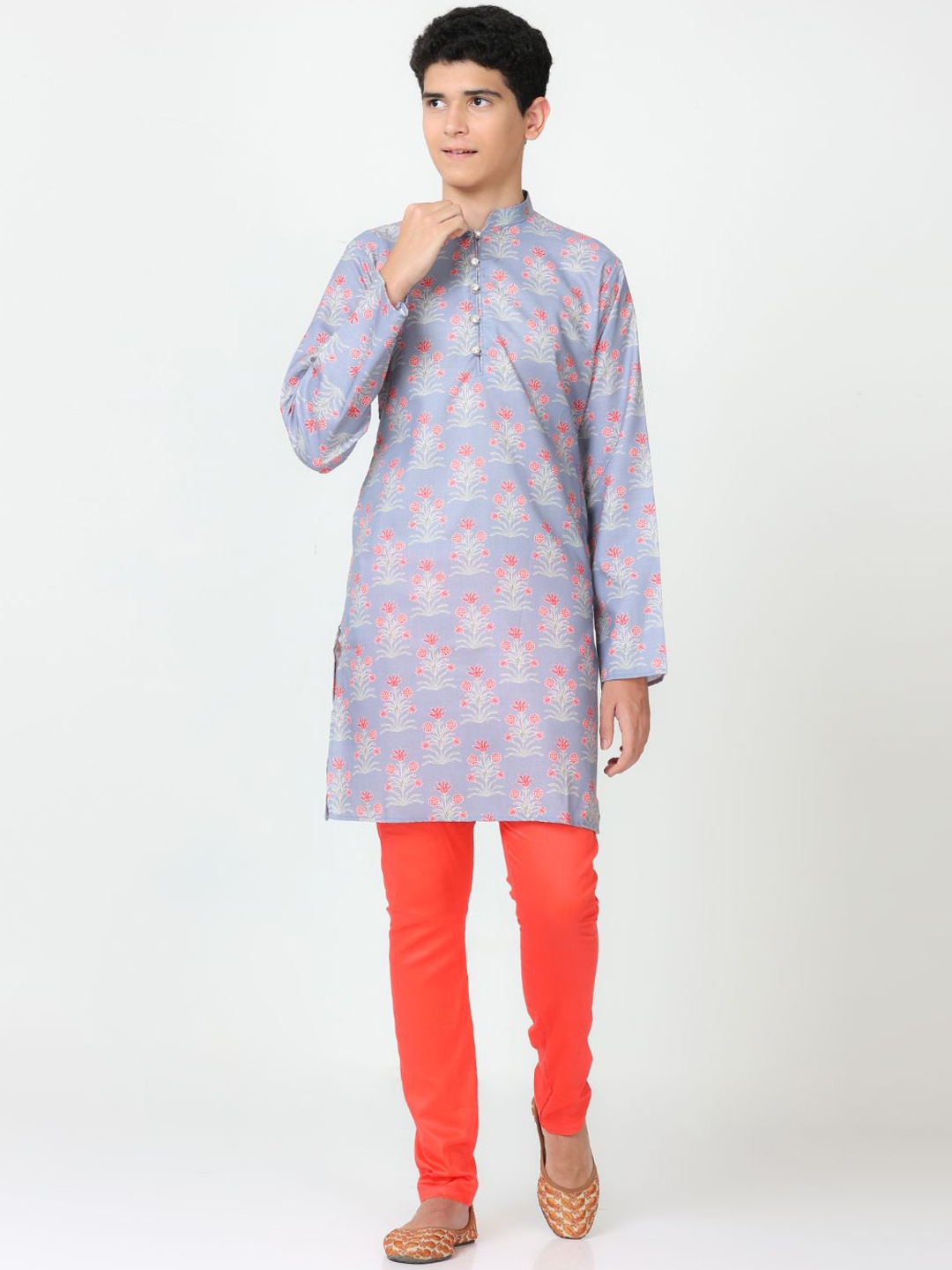 

FLAVIDO Boys Ethnic Motifs Printed Linen Kurti With Churidar, Grey