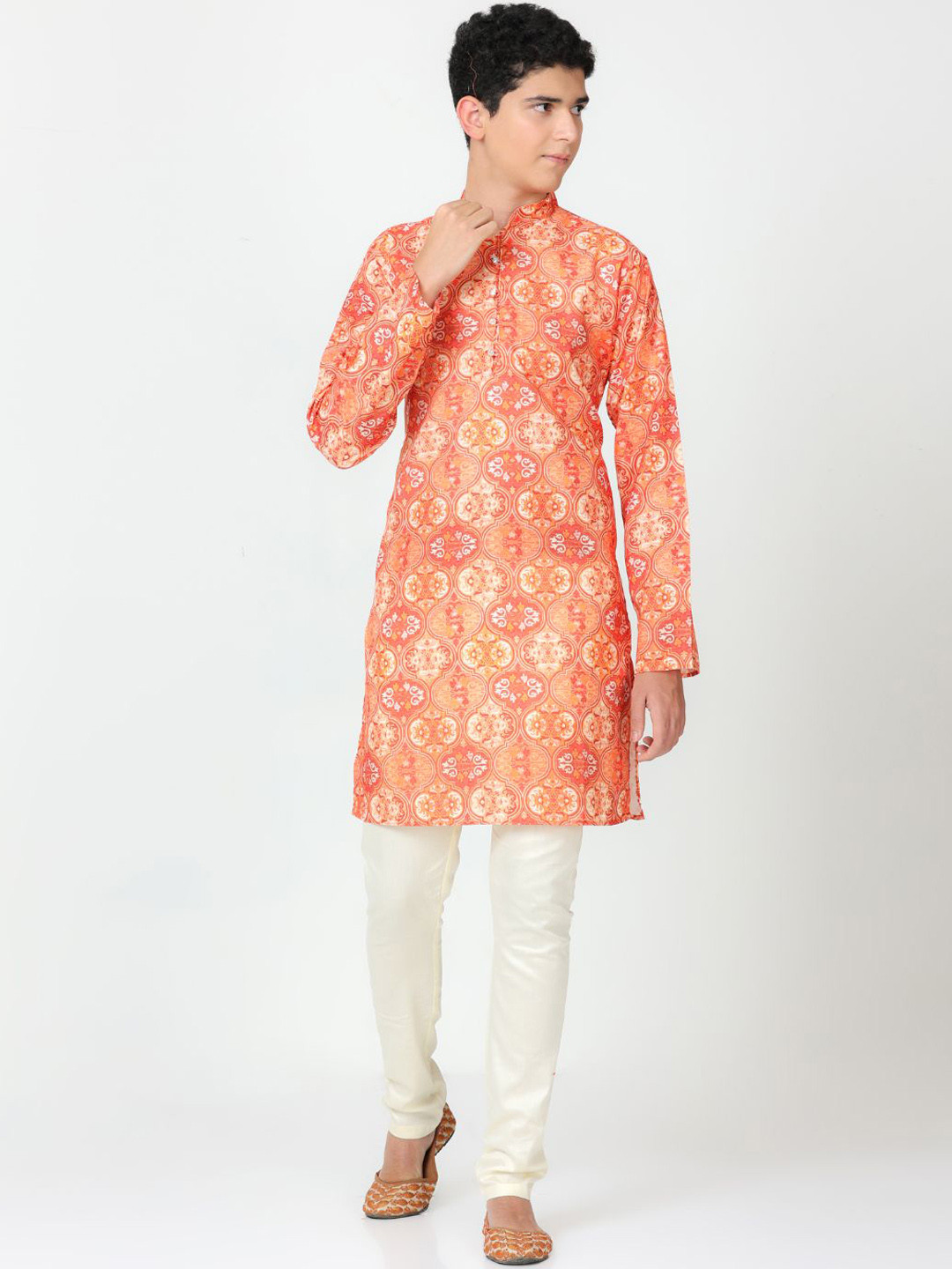 

FLAVIDO Boys Ethnic Motifs Printed Mandarin Collar Linen Kurta with Pyjamas, Orange