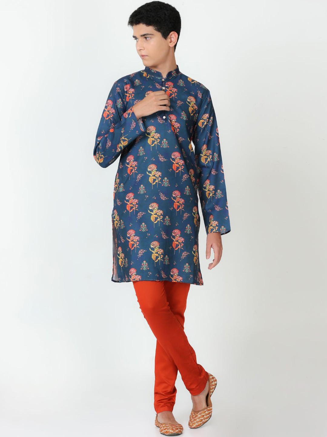 

FLAVIDO Boys Floral Printed Mandarin Collar Linen Kurti with Pyjamas, Blue