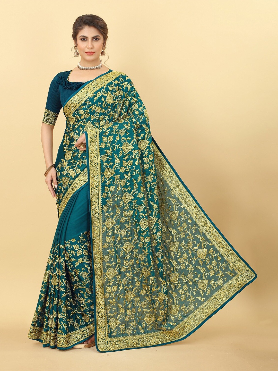 

KALINI Floral Embroidered Saree, Teal