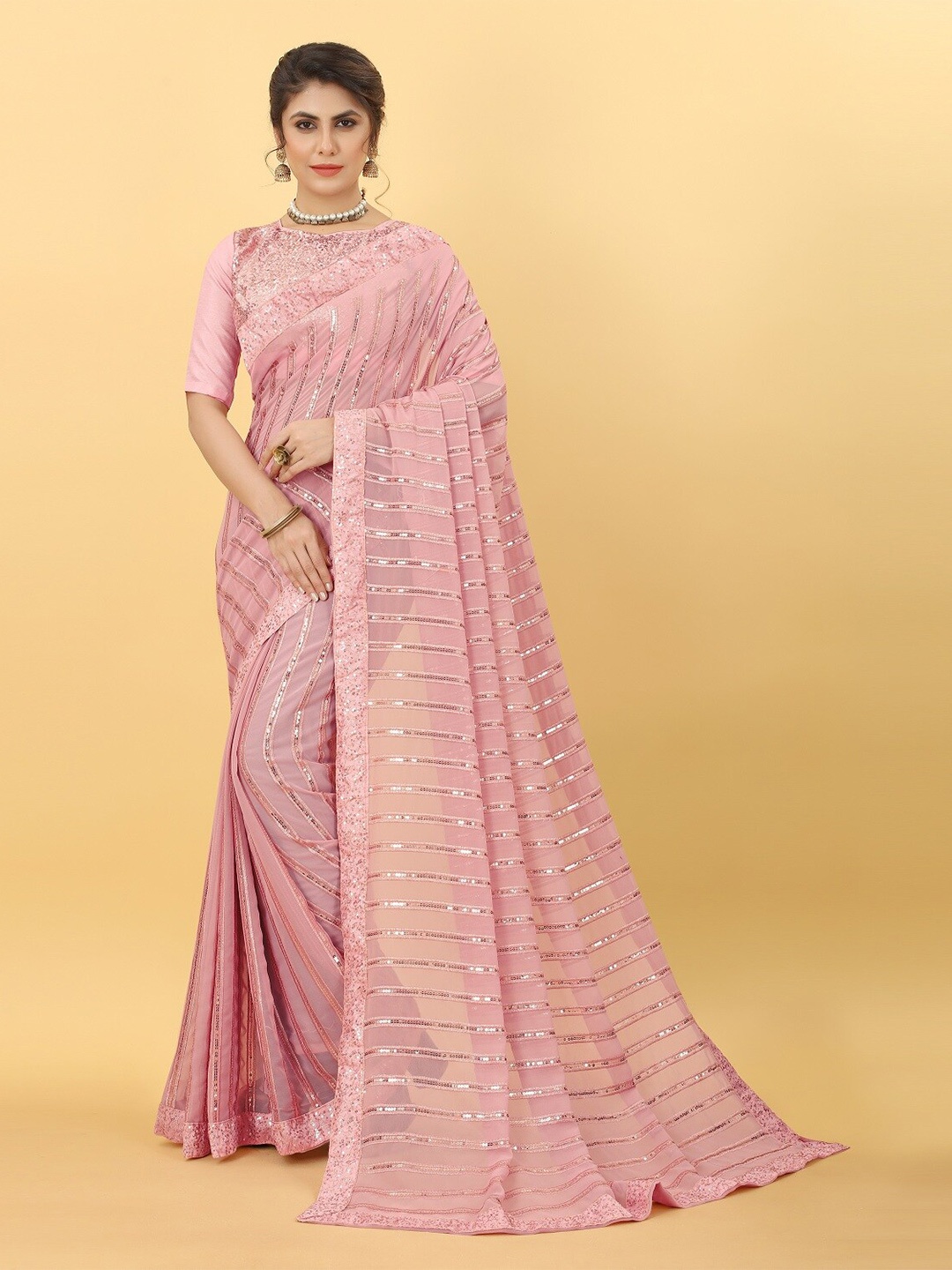 

KALINI Sequin Embellished Pure Georgette Saree, Pink