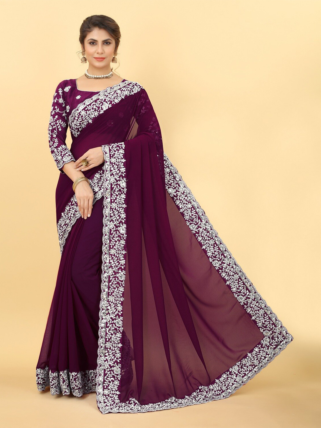 

KALINI Embroidered Pure Georgette Saree, Purple