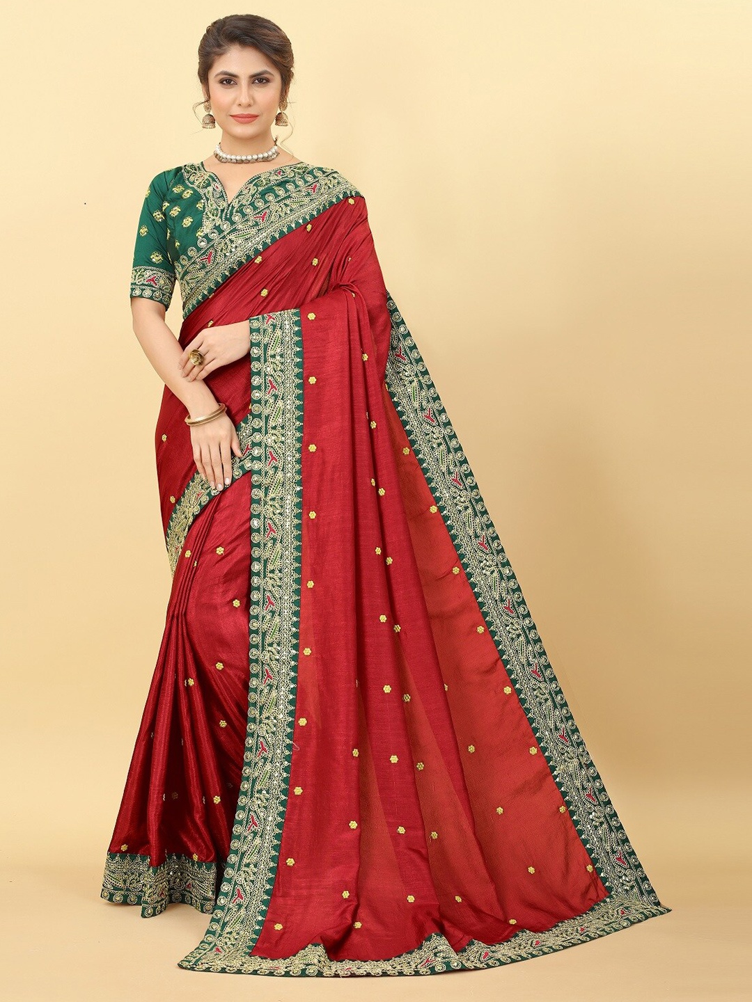 

KALINI Floral Embroidered Satin Saree, Red