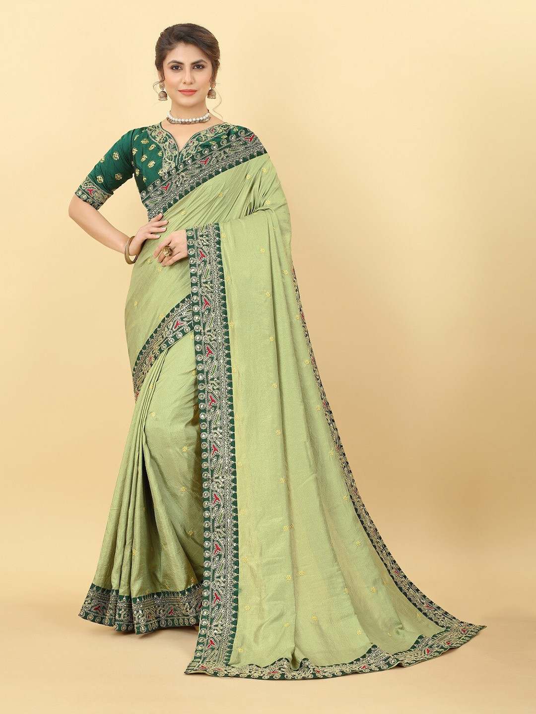 

KALINI Floral Embroidered Satin Saree, Green