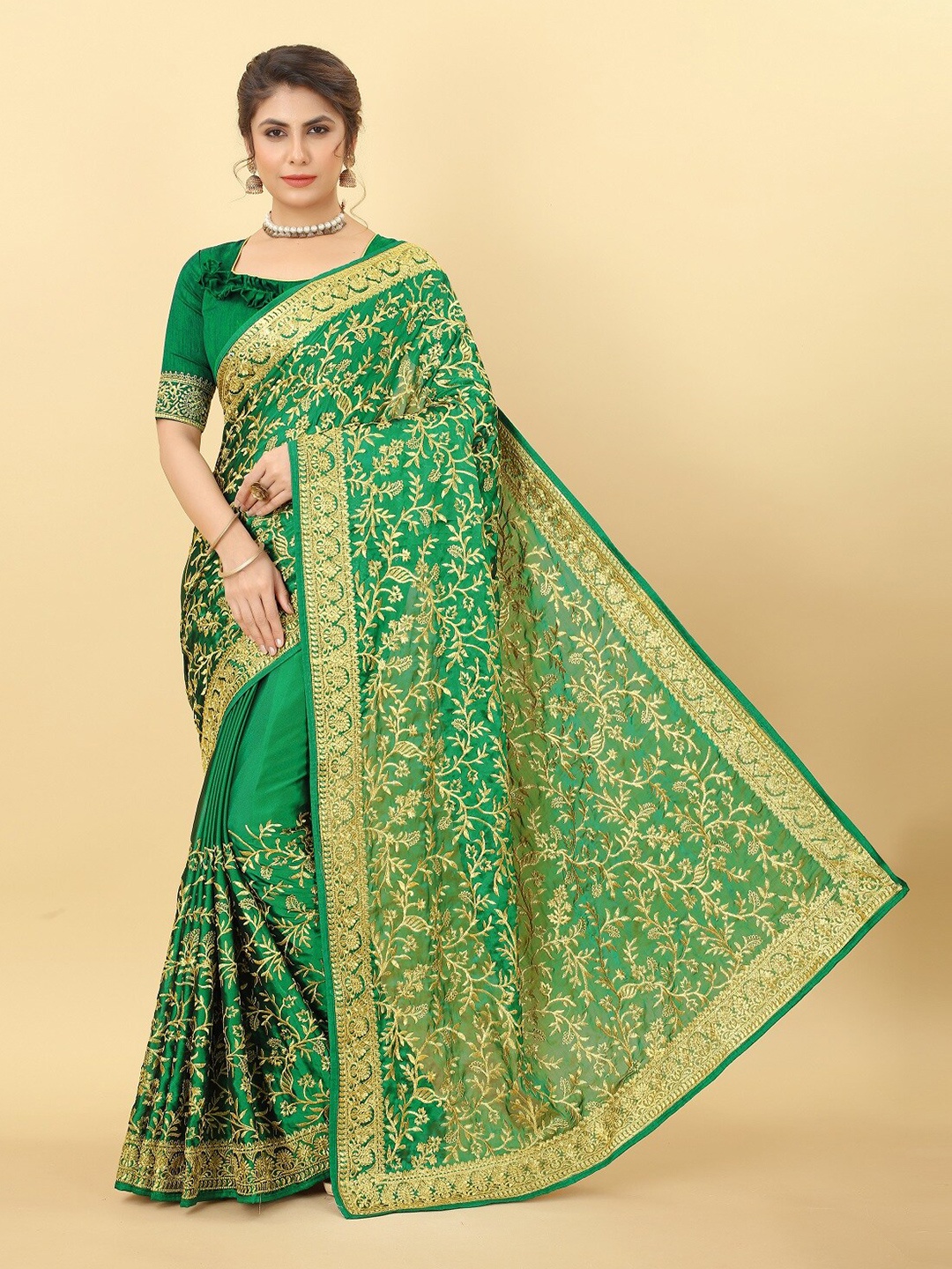 

KALINI Floral Embroidered Saree, Green