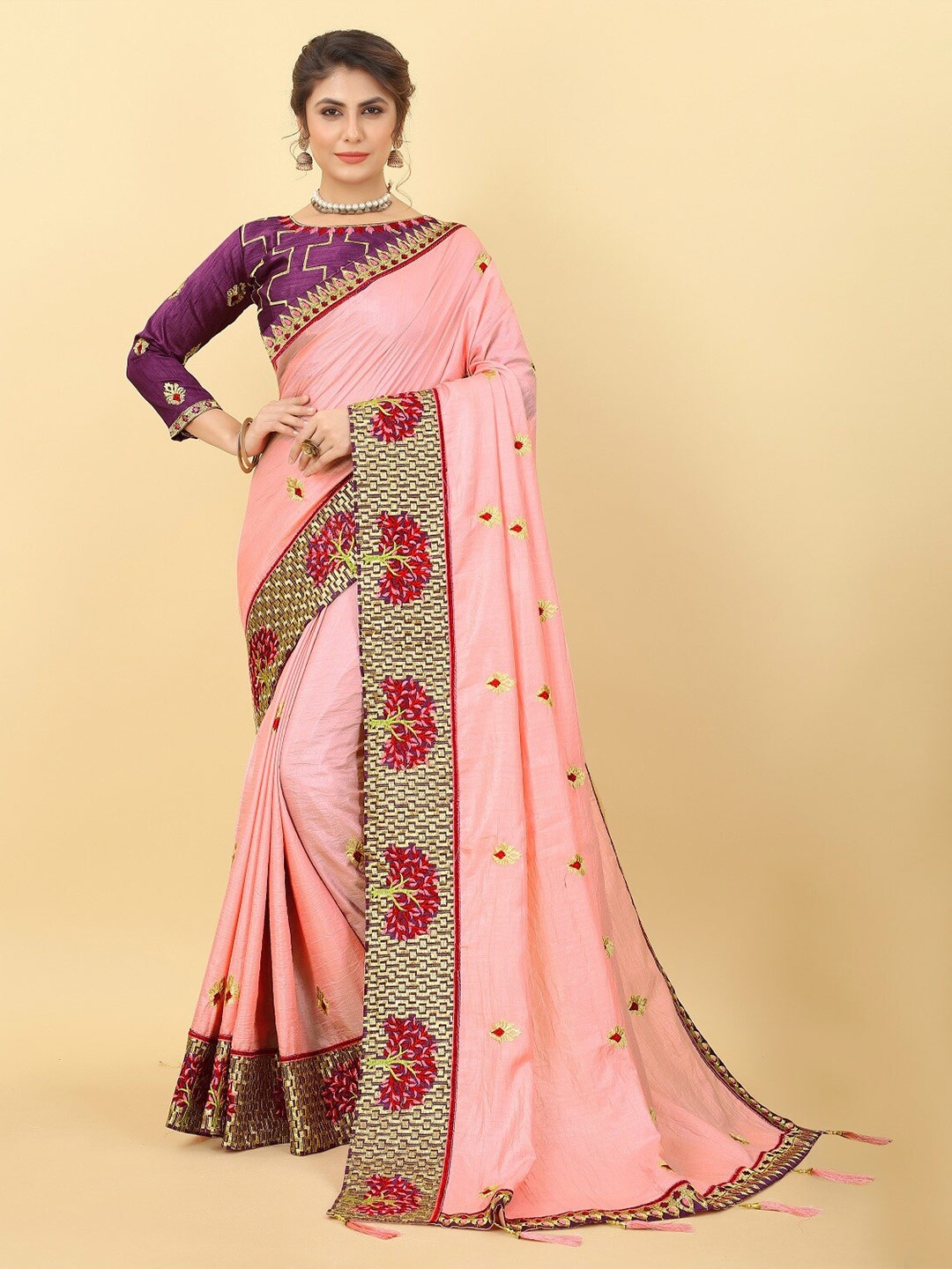 

KALINI Ethnic Motifs Embroidered Art Silk Saree, Pink