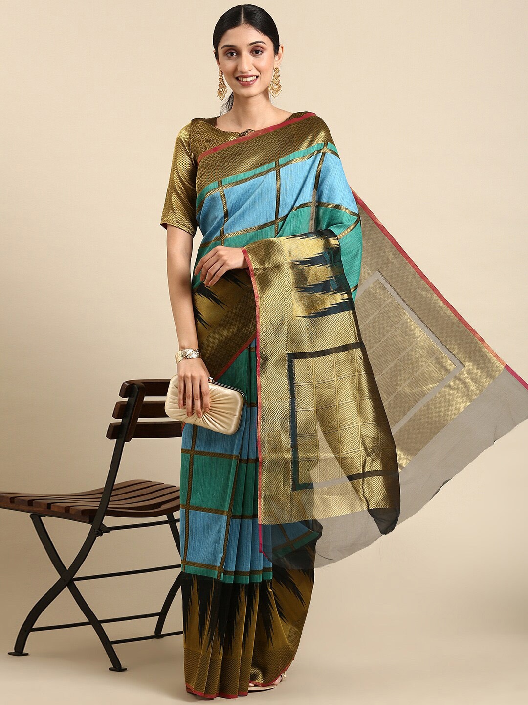 

KALINI Checked Zari Silk Cotton Banarasi Saree, Green